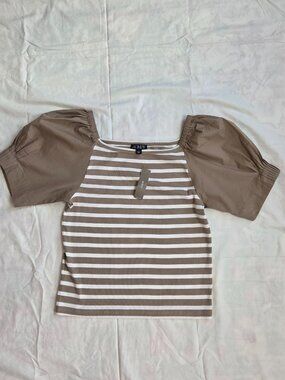 Nwt J.Crew Off the Shoulder Puff Short Sleeve Shirt Womens Brown WHite Stripe Si